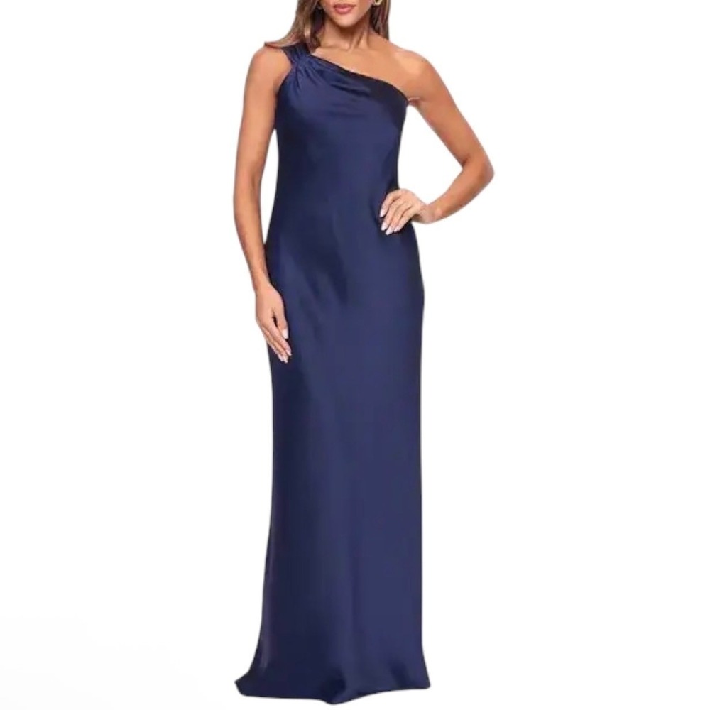 NEW Xscape Evenings One-Shoulder Satin Gown Navy Size 16